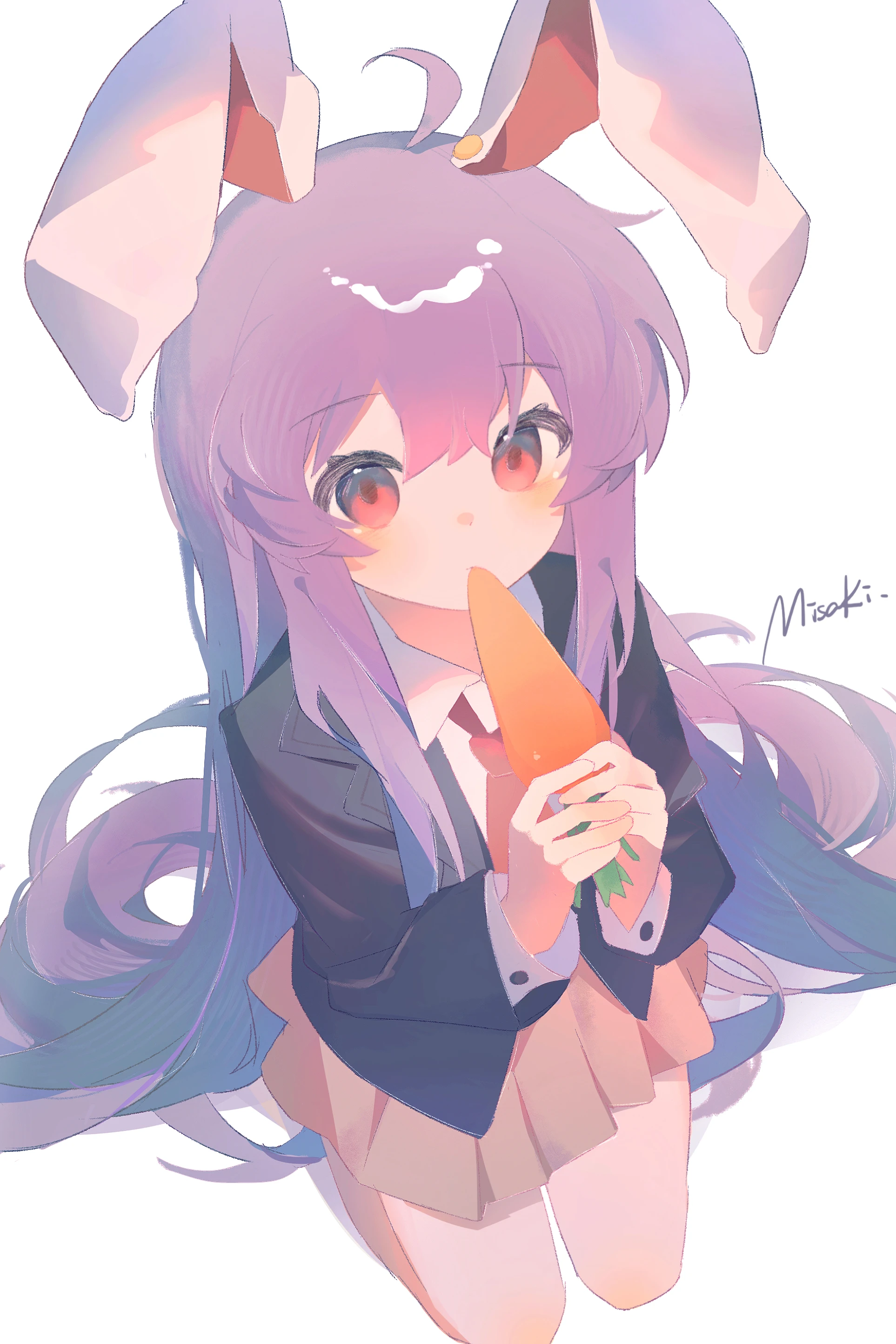 reisen udongein inaba, touhou, absurdres, chinese commentary, commentary request, highres, 1girl, animal ears, carrot, food, holding, holding food, jacket, kneeling, long hair, misakiii, necktie, pleated skirt, purple hair, rabbit ears, red eyes, shirt, simple background, skirt, solo, suit jacket, white shirt