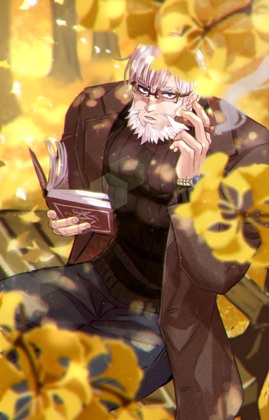 syugyout, leonidas (shuumatsu no valkyrie), shuumatsu no valkyrie, commentary request, highres, 1boy, bara, beard, black sweater, blue eyes, book, broad shoulders, brown coat, cigar, coat, facial hair, ginkgo leaf, holding, holding book, holding cigar, leaf, looking at viewer, male focus, outdoors, parted lips, rectangular eyewear, ribbed sweater, short hair, sitting, smoking, solo, sweater, watch, white hair, wristwatch