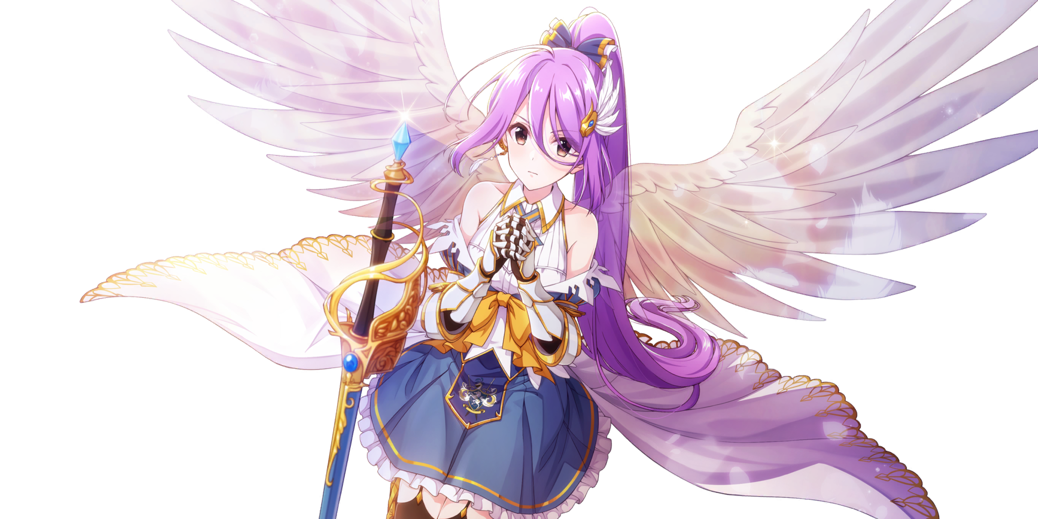 ashley (lapis re:lights), lapis re:lights, game cg, highres, official art, third-party source, 1girl, armpit crease, bare shoulders, black thighhighs, blue gemstone, blue skirt, bow, brown eyes, cowboy shot, dot nose, dress, feather hair ornament, feathered wings, feathers, frilled skirt, frills, gauntlets, gem, hair ornament, hands up, high ponytail, layered skirt, long hair, looking at viewer, own hands clasped, own hands together, planted, planted sword, planted weapon, ponytail, purple hair, scabbard, sheath, sheathed, showgirl skirt, sidelocks, simple background, skirt, sleeveless, sleeveless dress, solo, sparkle, sword, thighhighs, transparent background, very long hair, weapon, white dress, white feathers, white skirt, wings, yellow bow