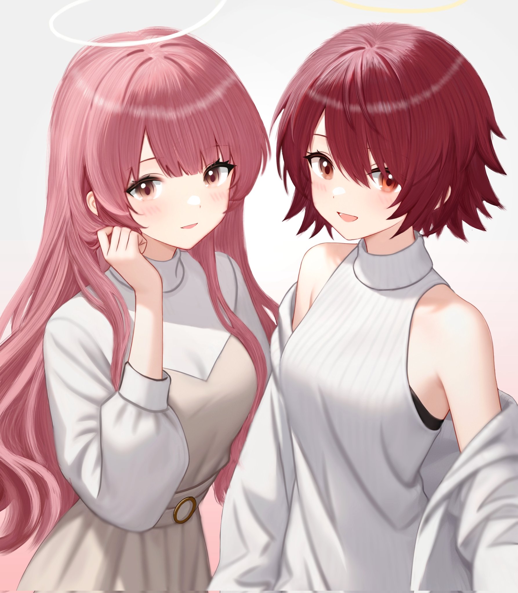 turbidpeachzz, exusiai (arknights), lemuen (arknights), arknights, commentary, corrupted twitter file, highres, 2girls, :d, bare shoulders, blush, brown eyes, grey background, grey skirt, hair between eyes, halo, hand in own hair, hand up, long hair, long sleeves, multiple girls, off shoulder, one-hour drawing challenge, open mouth, orange eyes, pink hair, red hair, ribbed sweater, short hair, simple background, skirt, sleeveless, sleeveless sweater, smile, sweater, traditional halo, turtleneck, turtleneck sweater, white halo, yellow halo