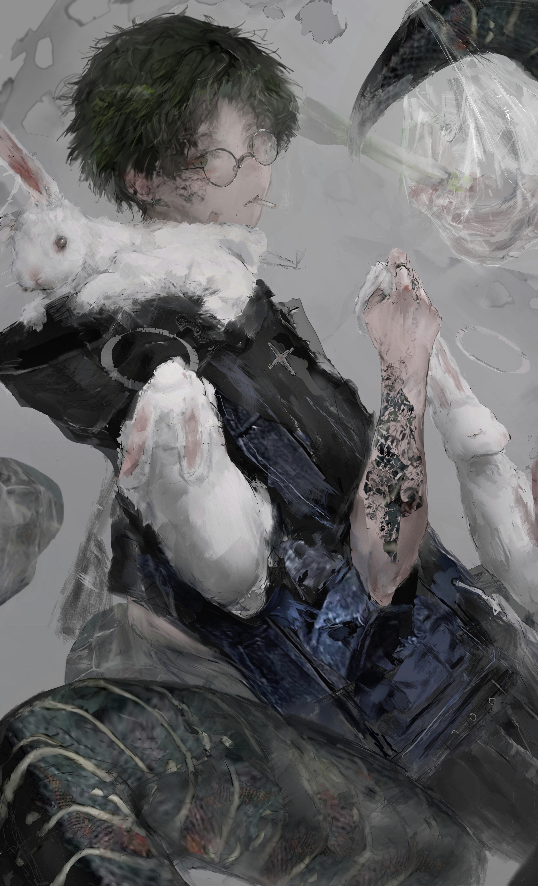 foreverechoyu, original, absurdres, chinese commentary, commentary request, highres, 1boy, animal, arm tattoo, black hair, black shirt, cigarette, closed mouth, cowboy shot, dutch angle, expressionless, glasses, grey background, hand up, holding, holding animal, holding rabbit, looking at viewer, male focus, rabbit, round eyewear, shirt, short hair, short sleeves, tail, tattoo, very short hair