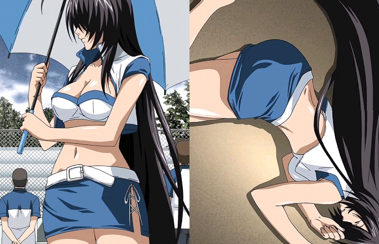 kan'u unchou, ikkitousen, anime screenshot, stitched, third-party edit, 00s, 1girl, belt, black hair, breasts, cleavage, closed eyes, large breasts, long hair, lying, midriff, miniskirt, race queen, skirt, strapless, tube top, umbrella, unconscious, very long hair