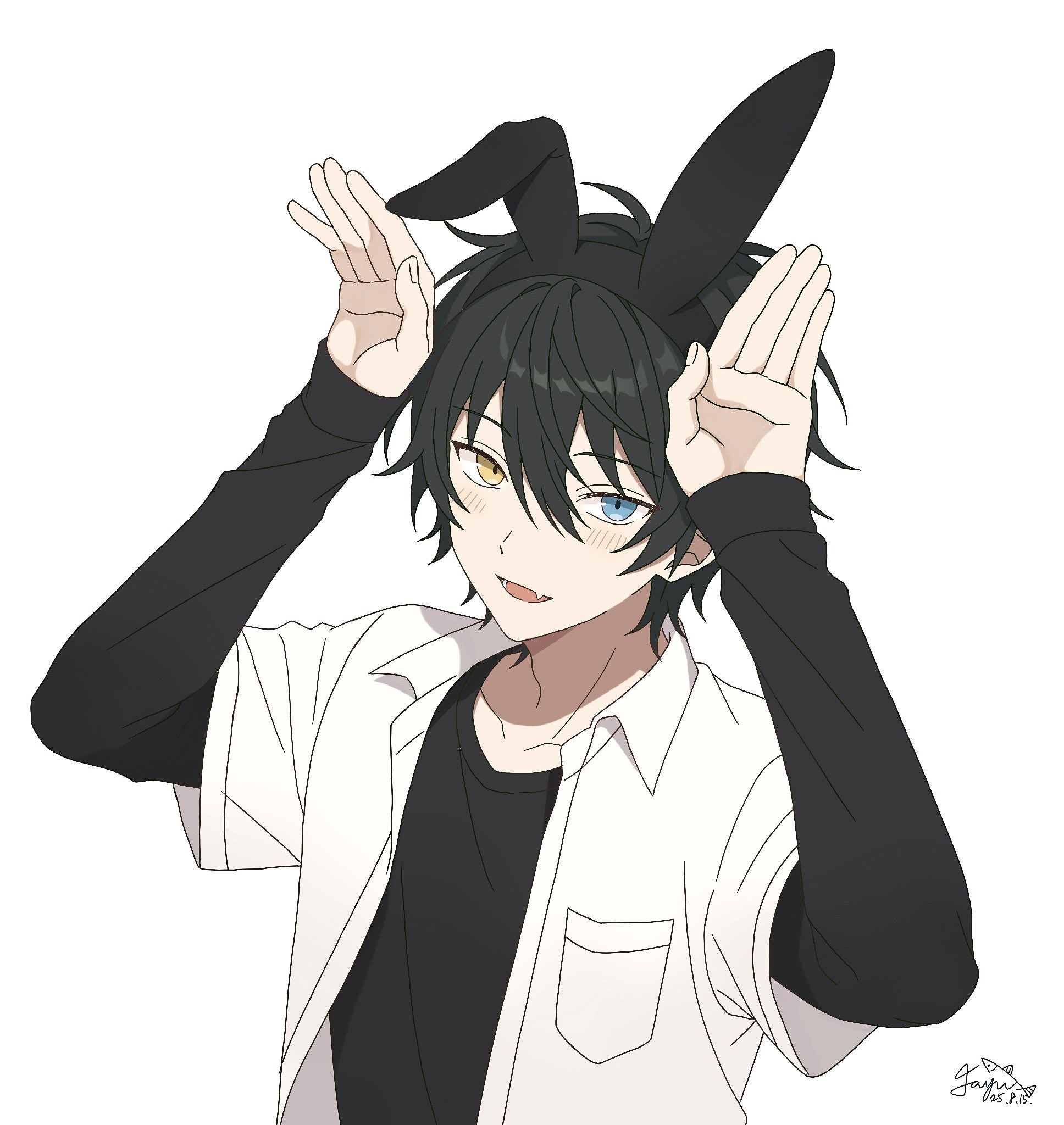 kagehira mika, ensemble stars!, commentary request, highres, 1boy, animal ears, arms up, black hair, black shirt, blue eyes, blush, breast pocket, collared shirt, crew neck, dated, dress shirt, fake animal ears, fang, fingernails, hair between eyes, heterochromia, layered sleeves, long sleeves, looking at viewer, male focus, nisesakana, open clothes, open mouth, open shirt, outstretched hand, pocket, rabbit ears, school uniform, shirt, short hair, short over long sleeves, short sleeves, signature, simple background, skin fang, solo, upper body, white background, white shirt, yellow eyes, yumenosaki school uniform