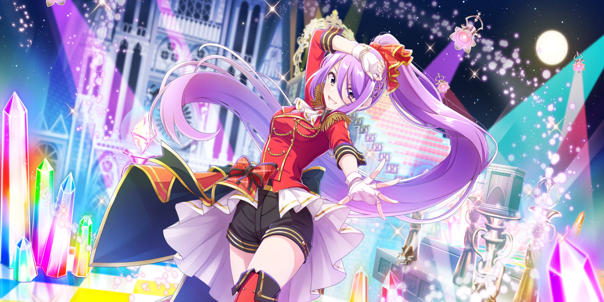ashley (lapis re:lights), lapis re:lights, game cg, highres, official art, third-party source, 1girl, arm up, black shorts, boots, bow, breasts, brown eyes, bubble, building, buttons, cathedral, checkered floor, church, crystal, dot nose, double-breasted, epaulettes, fingerless gloves, full moon, gloves, hair bow, high ponytail, idol, idol clothes, layered skirt, long hair, looking at viewer, medium breasts, moon, night, night sky, open mouth, outdoors, outstretched arm, plaid bow, ponytail, purple hair, reaching, reaching towards viewer, red boots, red bow, red shirt, red skirt, shirt, shorts, shorts under skirt, sidelocks, skirt, sky, smile, solo, stage, stage lights, stairs, thigh boots, very long hair, white gloves, white skirt