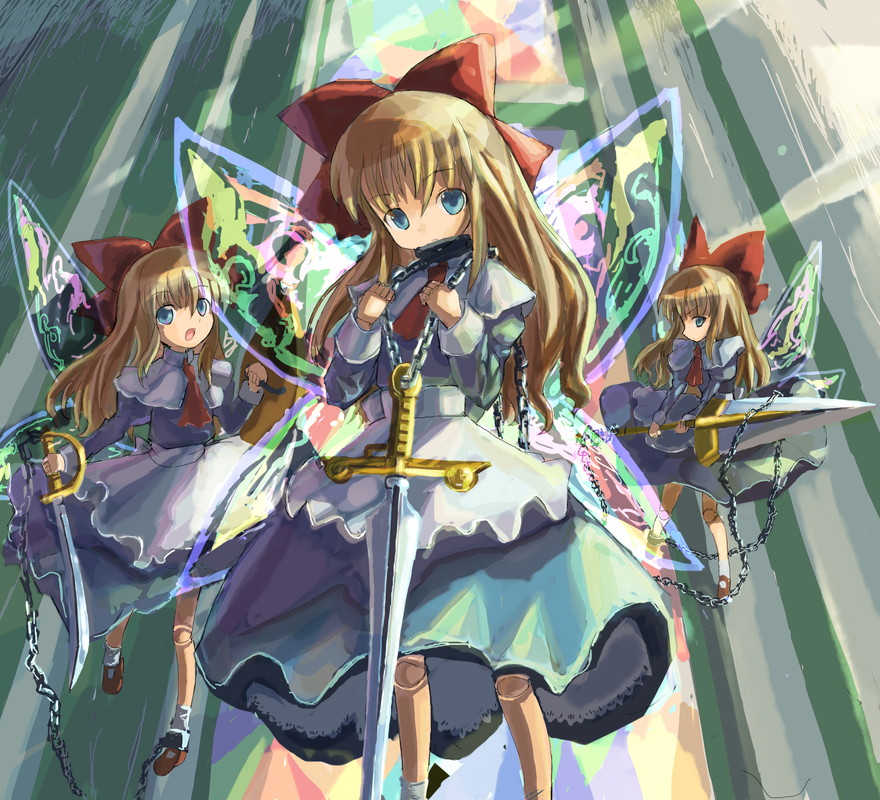 hakkotsu shitai, shanghai doll, touhou, 1girl, blonde hair, blue eyes, bow, chain, doll joints, fairy wings, female focus, hair bow, joints, solo, sword, weapon, wings