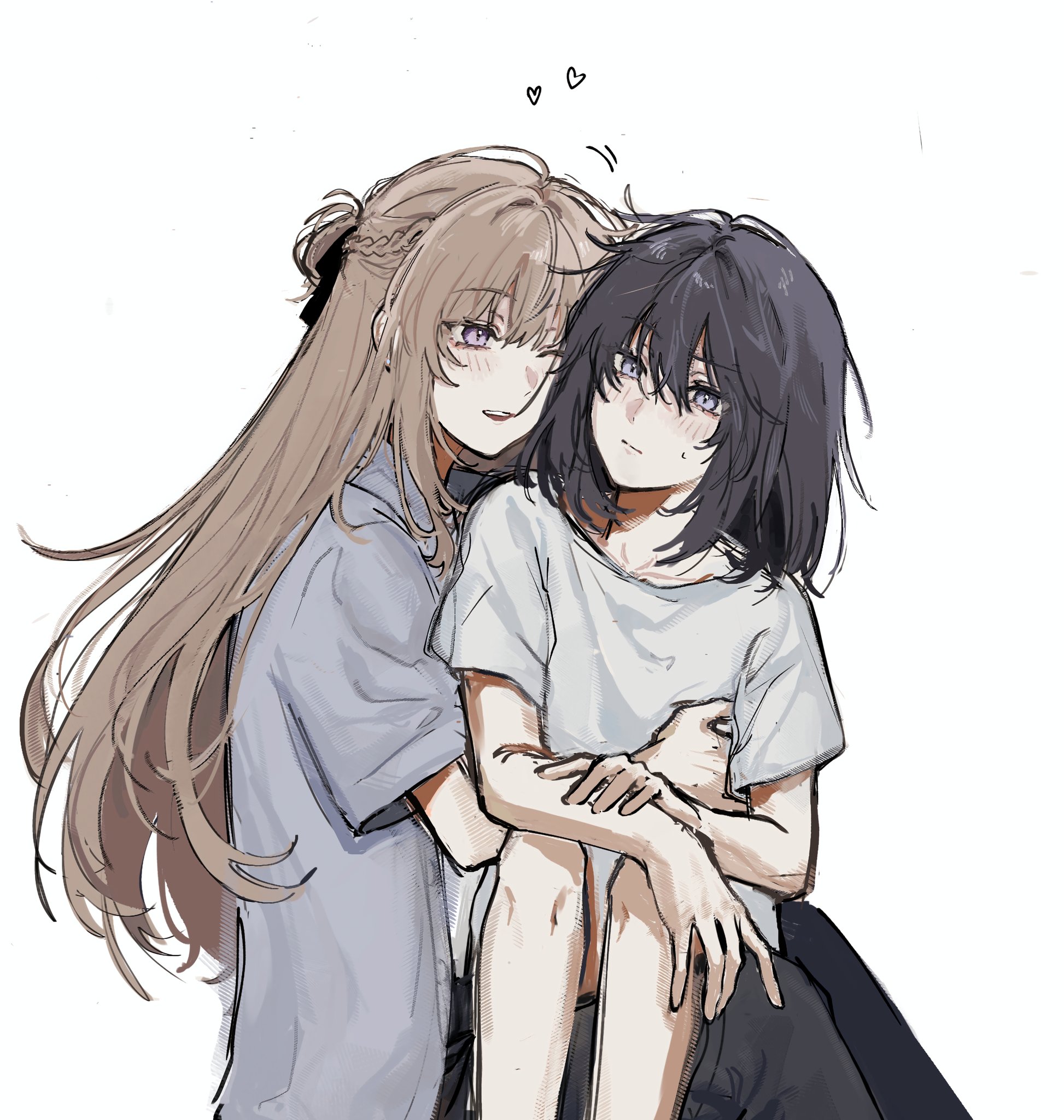sora owomiya, miyagi shiori, sendai hazuki, shuuniichido classmate wo kau hanashi, commentary, hashtag-only commentary, highres, 2girls, black hair, black pants, blue eyes, blush, braid, brown hair, closed mouth, grey shirt, hair between eyes, hair ornament, half up braid, heart, hug, long hair, medium hair, multiple girls, one eye closed, pants, purple eyes, shirt, short hair, simple background, sweatdrop, white background, white shirt, yuri