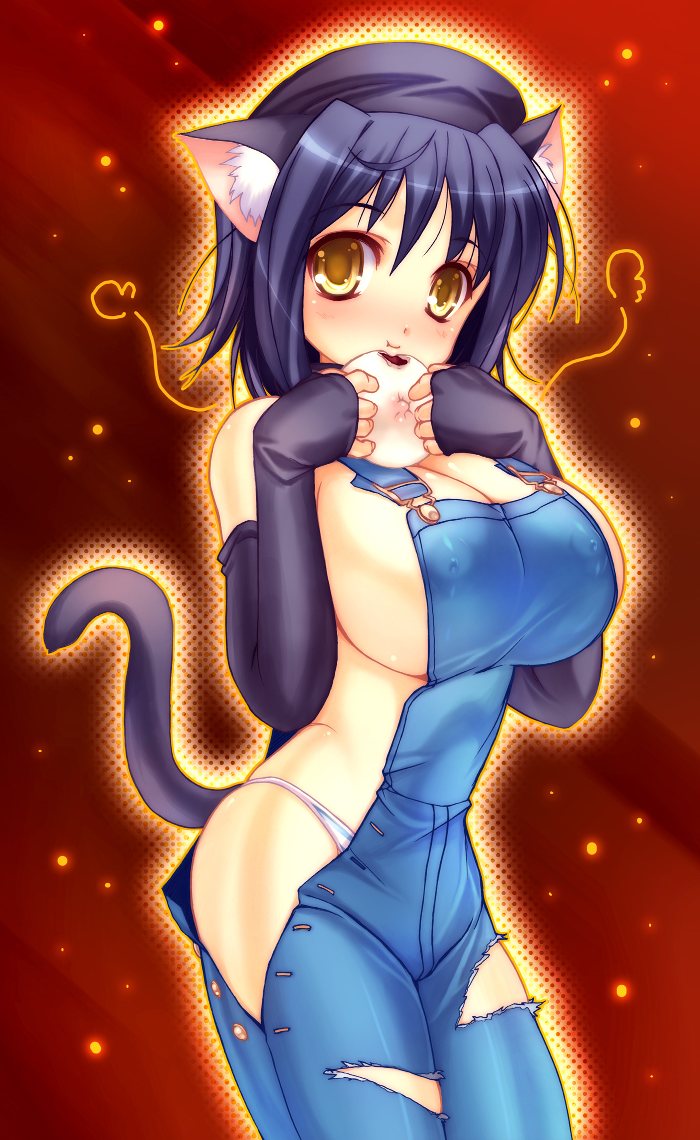 ishida hiroyuki, original, highres, 1girl, animal ears, breasts, cat ears, cat tail, detached sleeves, eating, female focus, food, hat, large breasts, naked overalls, overalls, purple hair, sideboob, solo, steamed bun, tail, torn clothes, yellow eyes