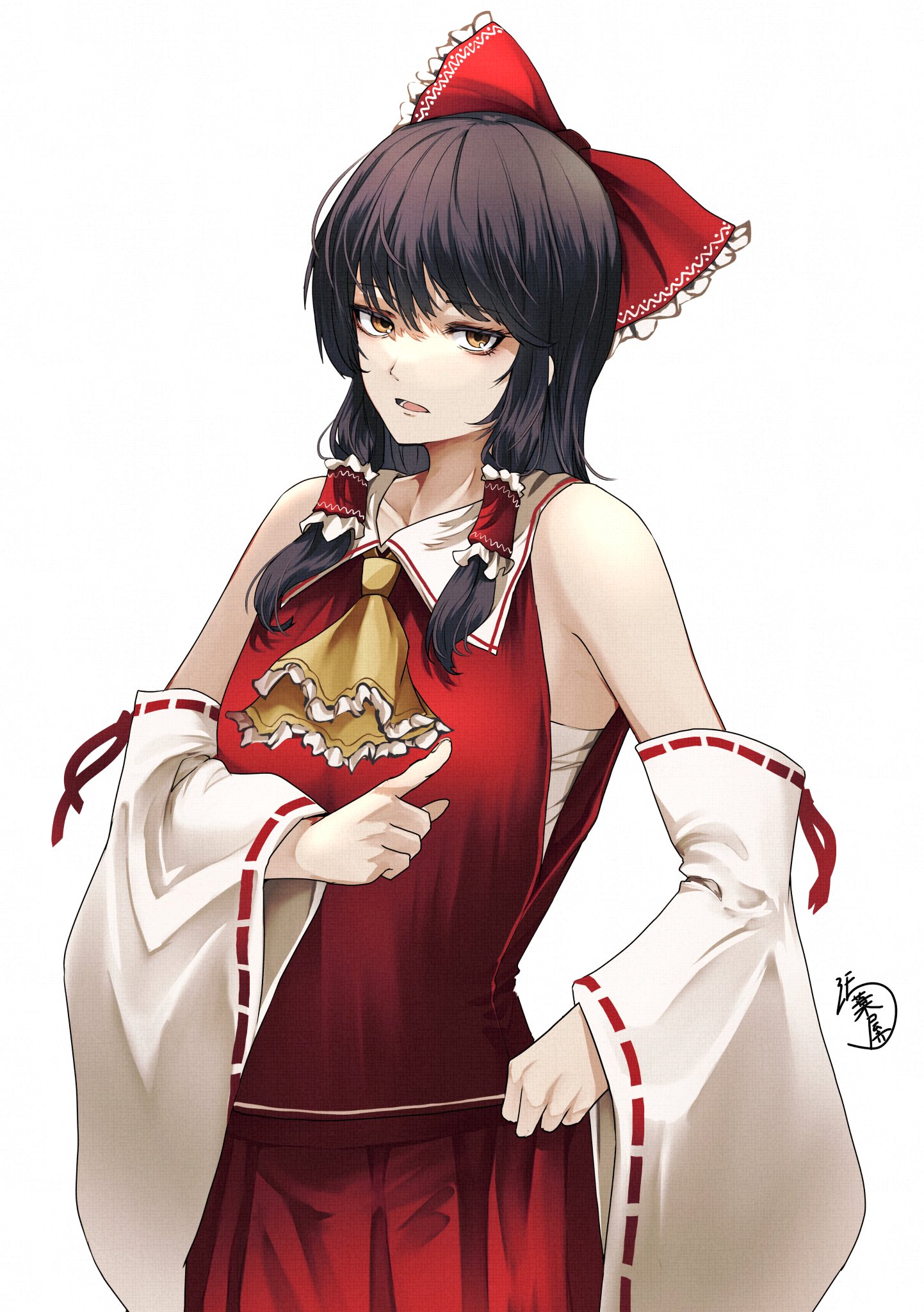 yagoro kusuriya, hakurei reimu, touhou, commentary request, highres, 1girl, ascot, bow, brown eyes, brown hair, chest sarashi, detached sleeves, frilled bow, frilled hair tubes, frills, hair bow, hair tubes, long hair, looking at viewer, open mouth, red bow, red skirt, ribbon-trimmed sleeves, ribbon trim, sarashi, signature, simple background, skirt, skirt set, solo, white background, yellow ascot