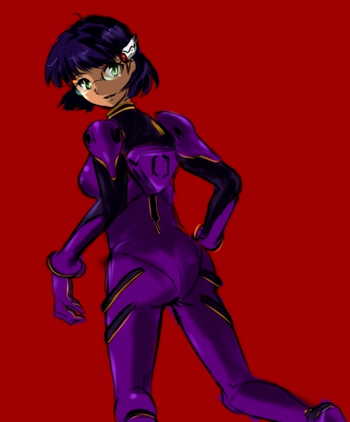 kashi (pixiv257211), nadia la arwall, fushigi no umi no nadia, neon genesis evangelion, 1girl, breasts, cosplay, crossover, female focus, glasses, green eyes, hair ornament, hairclip, looking back, mecha pilot suit, parody, plugsuit (cosplay), plugsuit (evangelion), purple hair, short hair, simple background, solo