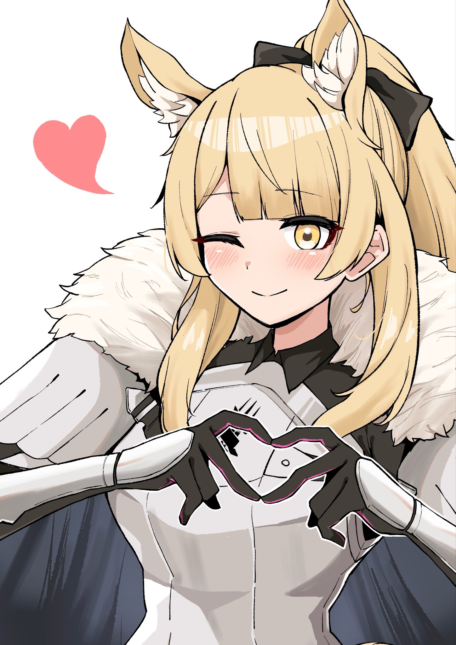mikita casdy, blemishine (arknights), arknights, commentary, commission, english commentary, highres, mixed-language commentary, skeb commission, 1girl, ;), animal ear fluff, animal ears, armor, black cape, black gloves, blonde hair, blush, cape, closed mouth, four-finger heart hands, fur-trimmed cape, fur trim, gloves, heart, heart hands, kazimierz logo, long hair, looking at viewer, one eye closed, simple background, smile, solo, split mouth, upper body, vambraces, white background, yellow eyes