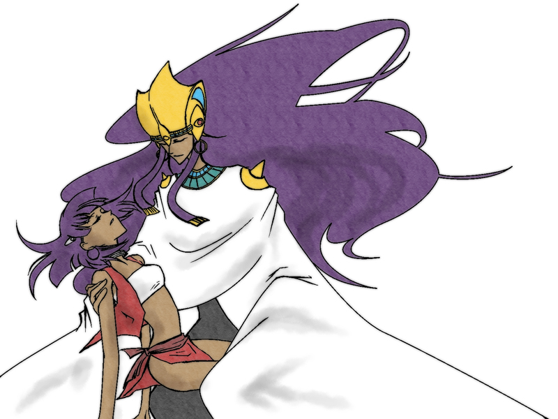 aoi cyan, nadia la arwall, neo ikon epiphanes, fushigi no umi no nadia, bad id, bad pixiv id, tagme, 1990s (style), 1boy, 1girl, bandeau, bare shoulders, breasts, carrying, closed eyes, dark-skinned female, dark-skinned male, dark skin, loincloth, long hair, midriff, purple hair, retro artstyle, revealing clothes, short hair, simple background, small breasts, strapless, tube top, very long hair, vest, waistcoat, white background