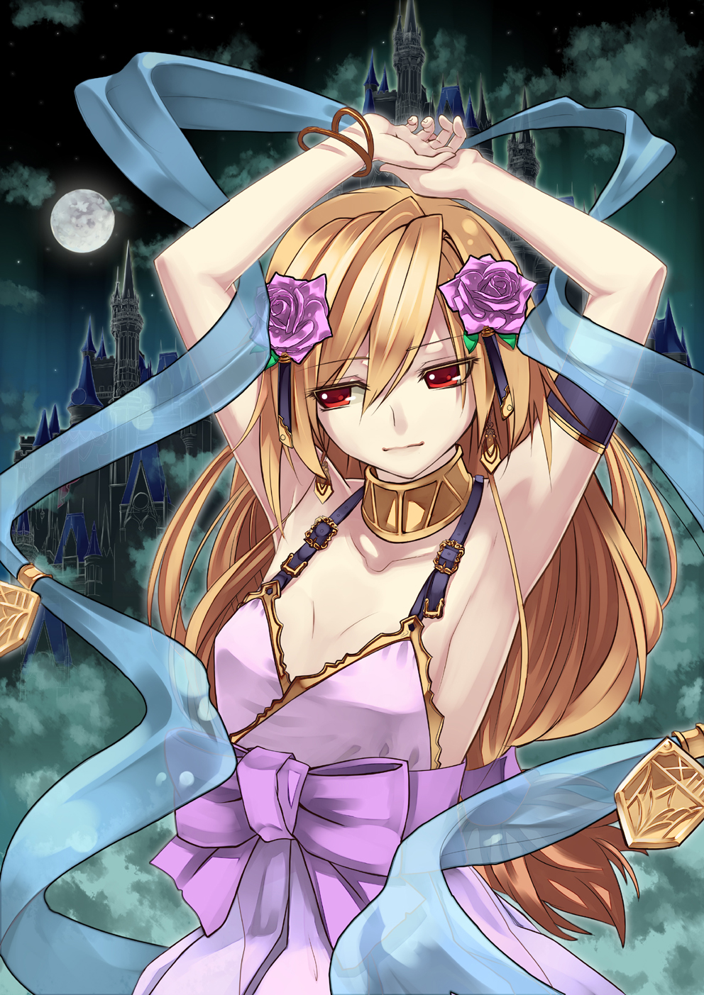 fourteen, original, highres, 1girl, armpits, blonde hair, castle, fantasy, female focus, flower, full moon, hair flower, hair ornament, moon, outdoors, red eyes, ribbon, shawl, sky, solo