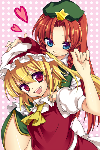 masaru.jp, flandre scarlet, hong meiling, embodiment of scarlet devil, touhou, bad id, bad pixiv id, lowres, 2girls, dress, female focus, hat, heart, multiple girls