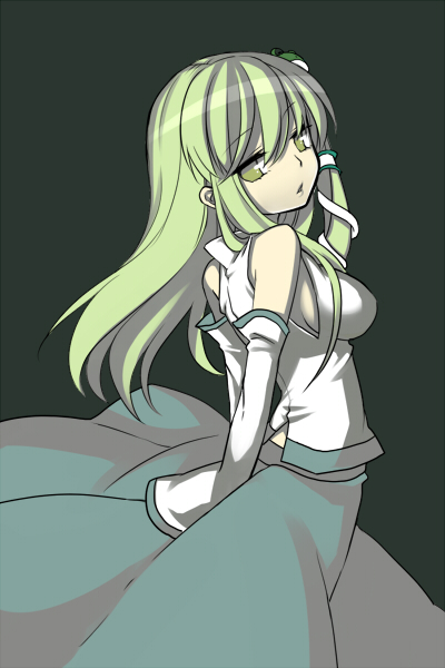 masaru.jp, kochiya sanae, touhou, bad id, bad pixiv id, 1girl, breasts, female focus, sideboob, simple background, skirt, solo