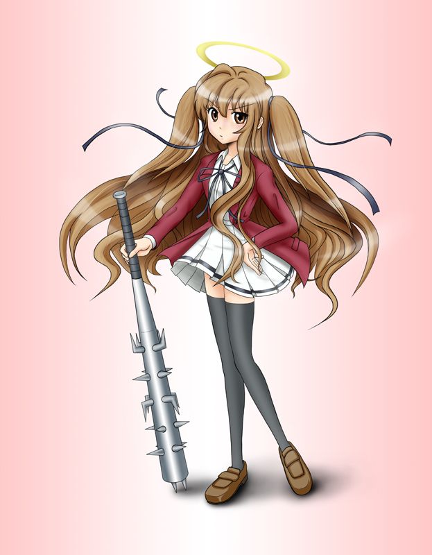 tomo (pixiv), aisaka taiga, mitsukai dokuro, bokusatsu tenshi dokuro-chan, dengeki bunko, toradora!, bad id, bad pixiv id, 1girl, brown eyes, brown hair, club, club (weapon), company connection, cosplay, dokuro (cosplay), excalibolg, female focus, hair ribbon, halo, hand on own hip, hip focus, kanabou, long hair, mitsukai dokuro (cosplay), ribbon, school uniform, skirt, solo, spiked bat, spiked club, thighhighs, twintails, two side up, weapon, zettai ryouiki