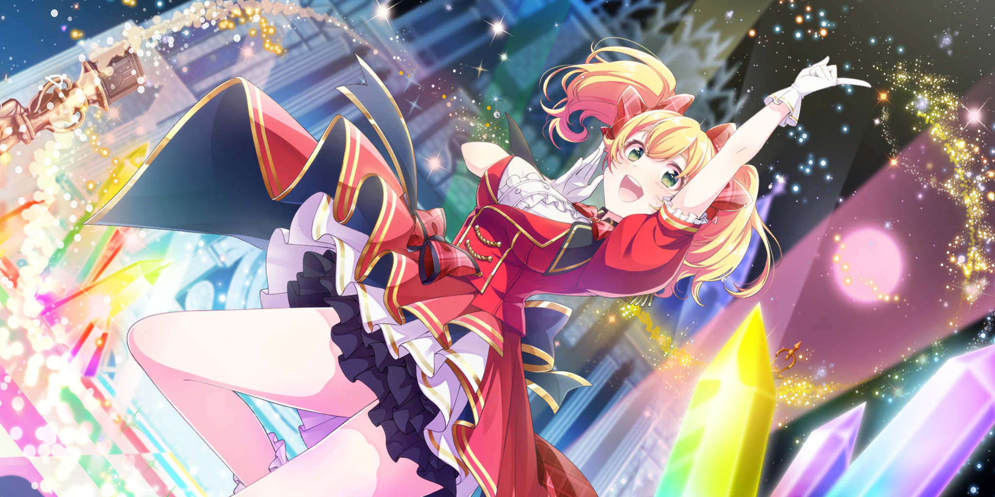 lavie (lapis re:lights), lapis re:lights, game cg, highres, official art, third-party source, 1girl, arm up, black skirt, blonde hair, blurry, blurry background, blush, bow, breasts, building, buttons, cowboy shot, crystal, dot nose, double-breasted, dress, dutch angle, gloves, green eyes, hair bow, hand up, idol, idol clothes, index finger raised, large breasts, layered skirt, looking at viewer, night, night sky, open mouth, outdoors, plaid bow, red bow, red dress, red skirt, short sleeves, skirt, sky, smile, solo, sparkle, stage, stage lights, standing, standing on one leg, star (sky), starry sky, teeth, twintails, upper teeth only, white gloves, white skirt
