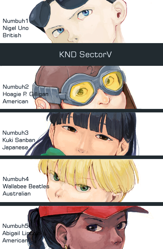 t k g, numbuh 1, numbuh 2, numbuh 3, numbuh 4, numbuh 5, codename: kids next door, commentary request, 2girls, 3boys, black eyes, black hair, blonde hair, blue eyes, blunt bangs, braid, brown eyes, character name, dark skin, earrings, everyone, eye focus, eyewear on head, goggles, green eyes, hat, jewelry, looking at viewer, looking up, multiple boys, multiple girls, sunglasses, typo, white background