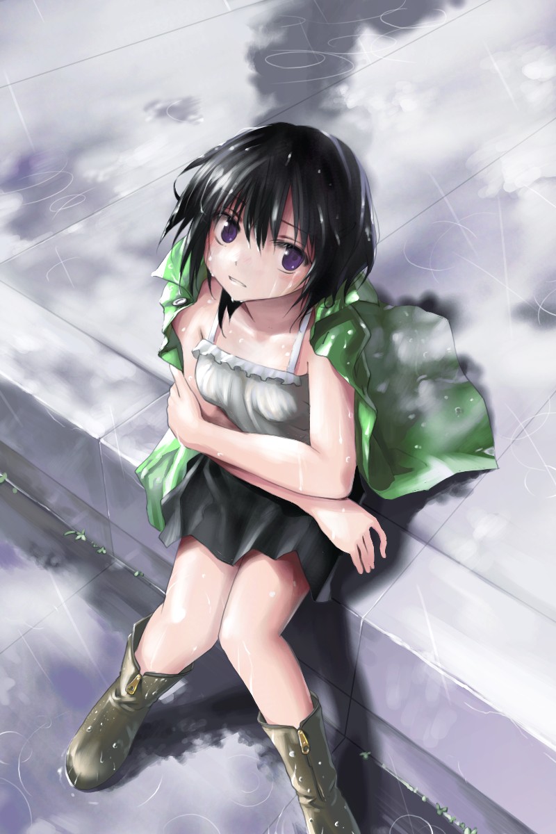 ssi, original, highres, 1girl, black hair, black skirt, boots, breasts, crossed arms, female focus, from above, looking up, miniskirt, purple eyes, rain, shirt, short hair, sitting, skirt, sleeveless, sleeveless shirt, solo, water, white shirt