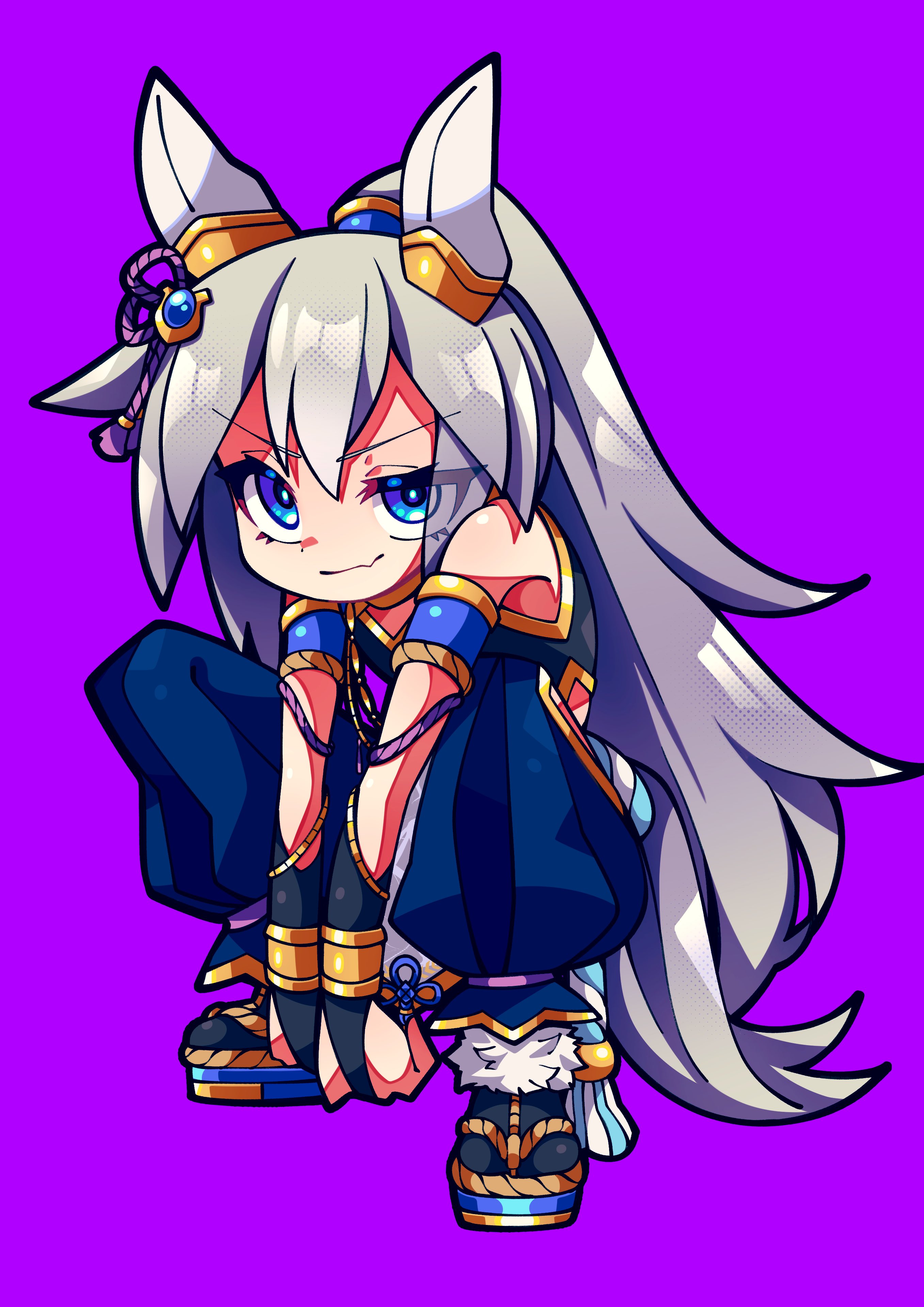 crutch elbow, tamamo cross (umamusume), umamusume, umamusume: cinderella gray, absurdres, highres, 1girl, alternate costume, animal ears, blue hairband, bow, ear bow, ear covers, ear ornament, grey hair, grey tail, hairband, headband, horse ears, horse girl, horse tail, looking at viewer, official alternate costume, red headband, striped clothes, striped hairband, tail