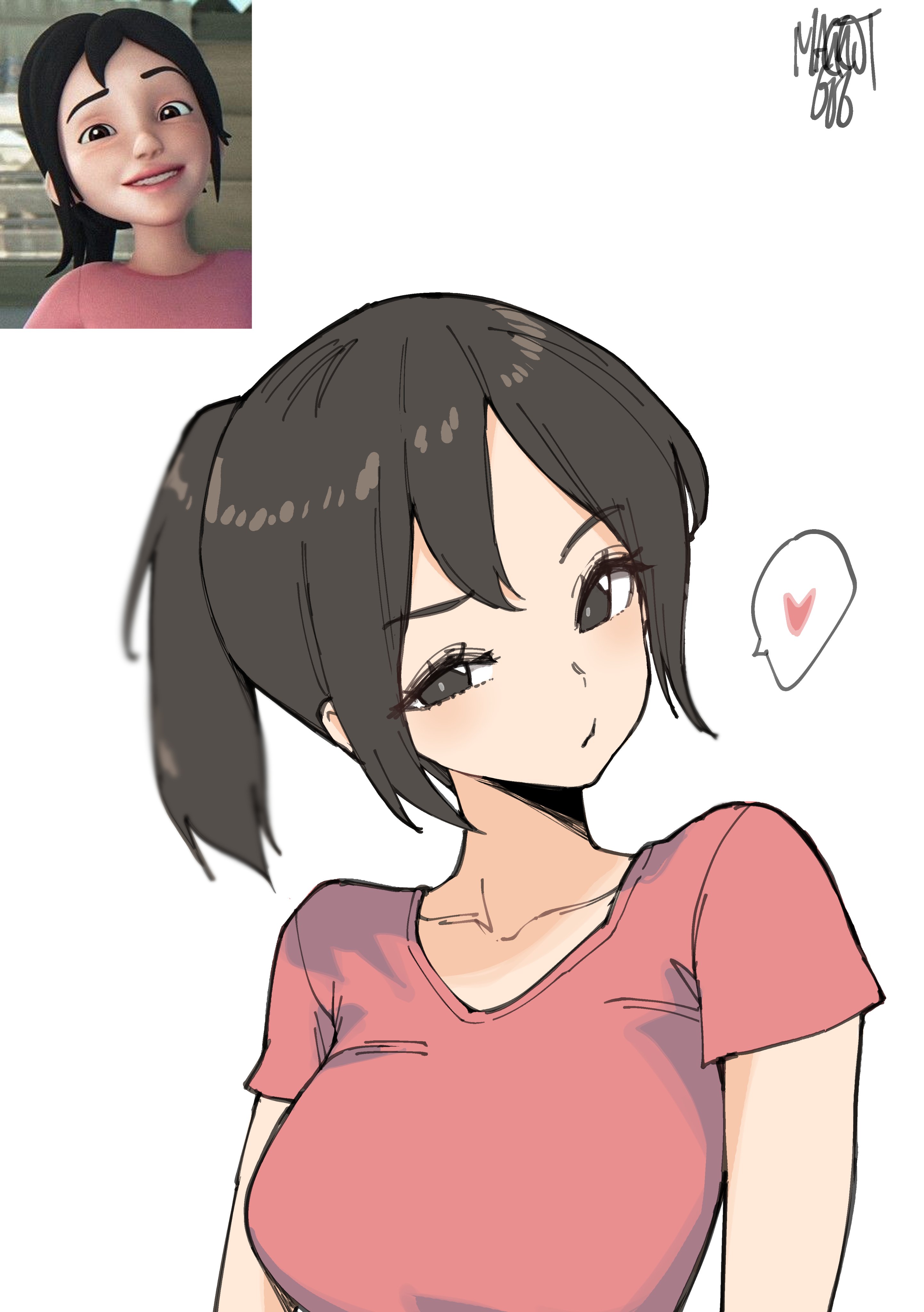 norman maggot, absurdres, highres, 1girl, black hair, breasts, collarbone, half-closed eye, heart, high ponytail, kak ros, large breasts, looking at viewer, medium hair, ponytail, raised eyebrow, red shirt, shirt, short sleeves, sidelocks, signature, simple background, solo, speech bubble, spoken heart, upin & ipin, upper body, white background