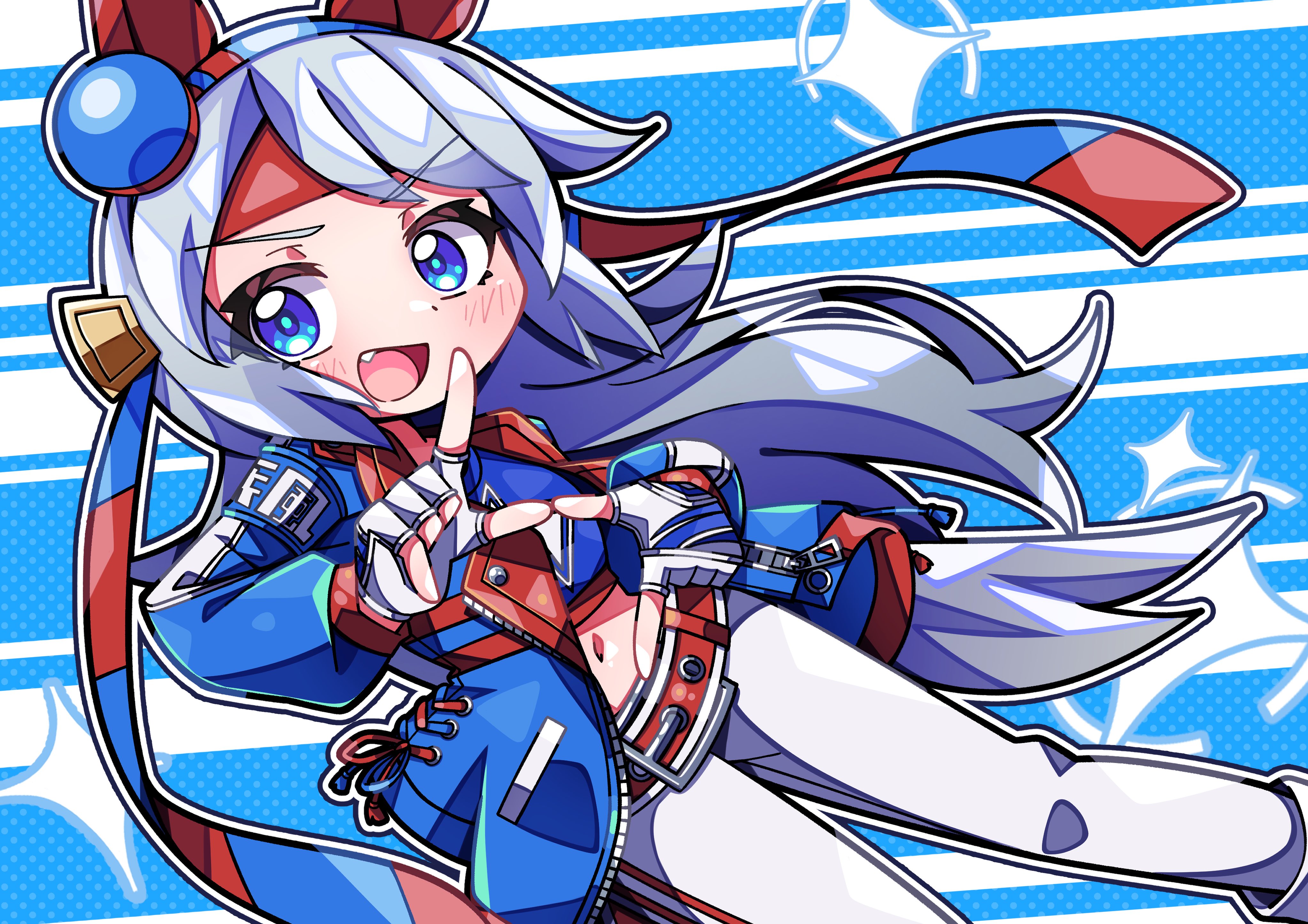 crutch elbow, tamamo cross (umamusume), tamamo cross (with lightning speed) (umamusume), umamusume, umamusume: cinderella gray, absurdres, highres, animal ears, belt, blue hairband, blue jacket, blue sports bra, crop top, ear covers, ear ornament, fingerless gloves, gloves, grey tail, hairband, headband, horse ears, horse girl, horse tail, jacket, lightning bolt print, lightning bolt symbol, navel, pants, red belt, red headband, sports bra, striped clothes, striped hairband, tail, white pants