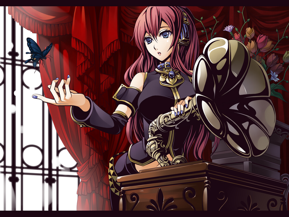torigoe takumi, megurine luka, vocaloid, 1girl, blue eyes, blue nails, bug, butterfly, curtains, female focus, frilled curtains, insect, long hair, nail polish, phonograph, pink hair, solo