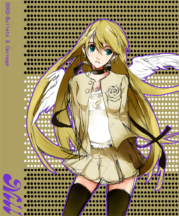 sei (pixiv), sei (resonableworld), nill, dogs: bullets & carnage, 1girl, blonde hair, blue eyes, cardigan, female focus, long hair, skirt, solo, thighhighs, wings