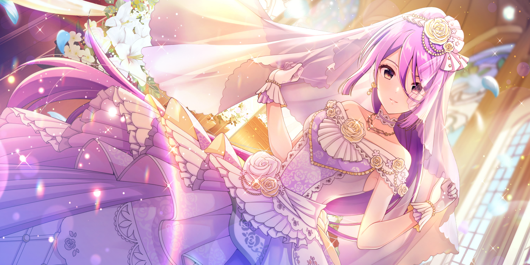 ashley (lapis re:lights), lapis re:lights, game cg, highres, official art, third-party source, 1girl, bare shoulders, blue petals, breasts, brown eyes, choker, church, collarbone, day, dot nose, dress, dutch angle, earrings, falling petals, floral print, floral print dress, flower, gloves, hair between eyes, hair flower, hair ornament, hands up, indoors, jewelry, lens flare, long hair, long skirt, looking at viewer, medium breasts, necklace, off-shoulder dress, off shoulder, petals, print dress, purple dress, purple hair, rainbow, rose, rose print, skirt, smile, solo, sparkle, veil, very long hair, wedding dress, white choker, white dress, white gloves, white petals, white veil, window, yellow flower, yellow rose