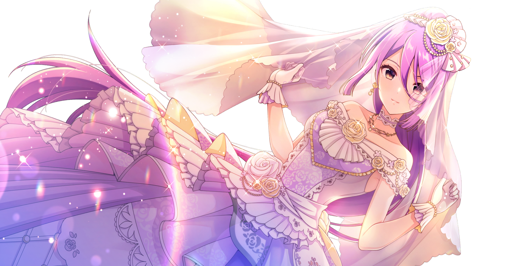 ashley (lapis re:lights), lapis re:lights, game cg, highres, official art, third-party source, 1girl, bare shoulders, breasts, brown eyes, choker, collarbone, dot nose, dress, dutch angle, earrings, floral print, floral print dress, flower, gloves, hair between eyes, hair flower, hair ornament, hands up, jewelry, lens flare, long hair, long skirt, looking at viewer, medium breasts, necklace, off-shoulder dress, off shoulder, print dress, purple dress, purple hair, rainbow, rose, rose print, simple background, skirt, smile, solo, sparkle, transparent background, veil, very long hair, wedding dress, white choker, white dress, white gloves, white veil, yellow flower, yellow rose