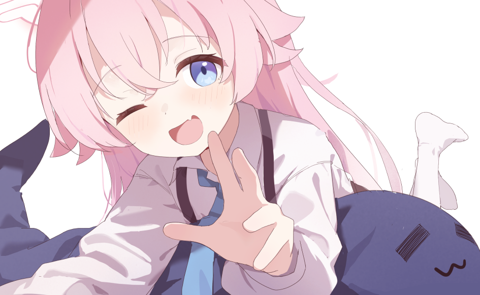 millet pepper, hoshino (blue archive), blue archive, 1girl, ;d, blue eyes, blue necktie, fang, long hair, looking at viewer, necktie, one eye closed, open mouth, pink hair, shirt, simple background, skin fang, smile, solo, white background, white shirt