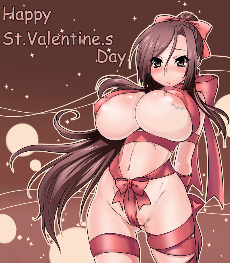 695 (mukuko), yuu (695), original, bad id, bad pixiv id, 1girl, :/, areola slip, bdsm, blush, bondage, bound, breasts, brown eyes, brown hair, crotch ribbon, female focus, hair ribbon, happy valentine, huge breasts, long hair, naked ribbon, nude, ponytail, ribbon, ribbon bondage, solo, valentine, very long hair