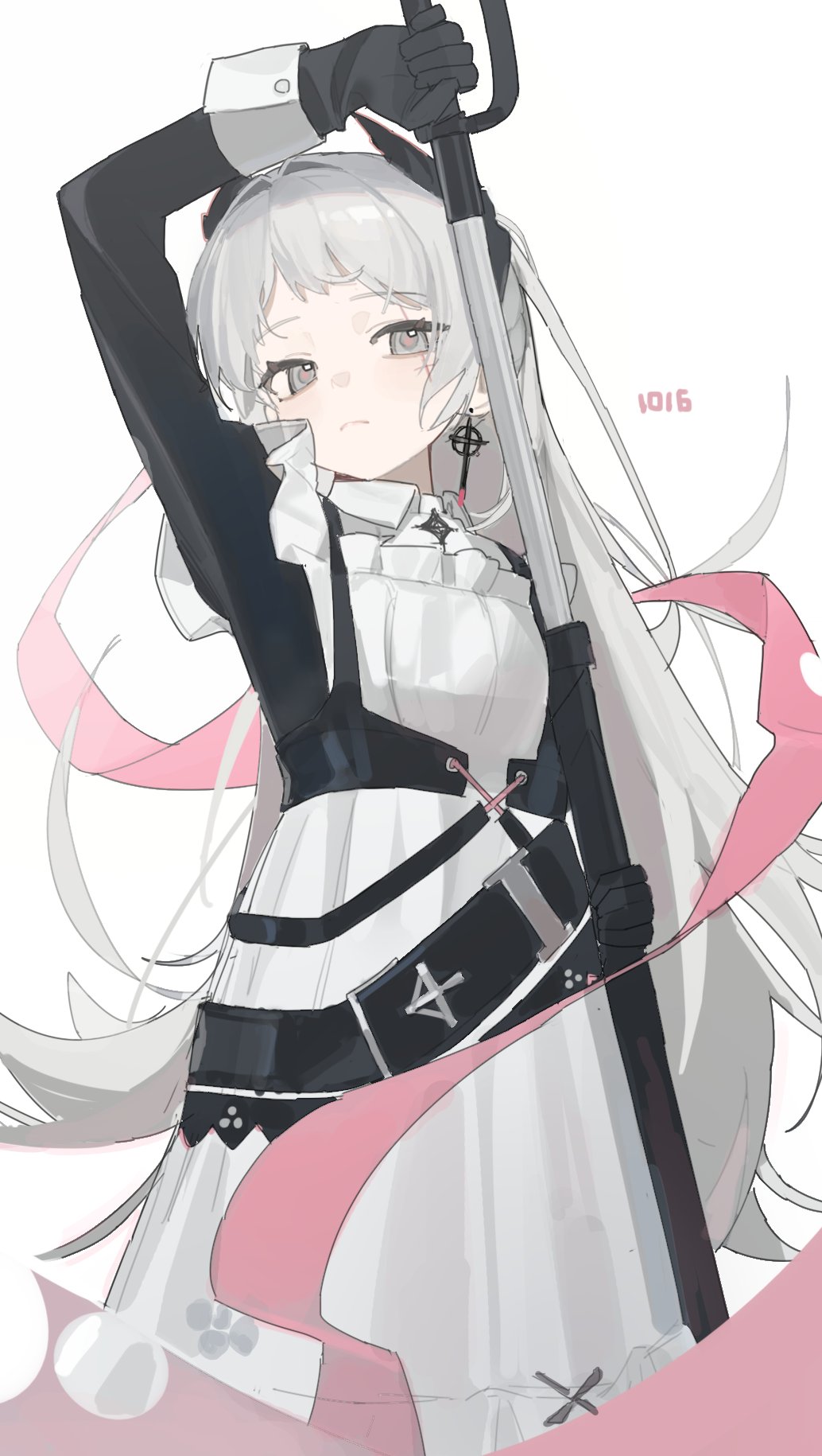 ar2a, irene (arknights), irene (voyage of feathers) (arknights), ambience synesthesia, arknights, hashtag-only commentary, highres, 1girl, apron, arm up, black dress, black gloves, closed mouth, collared dress, contrast collar, dress, earrings, gloves, grey eyes, grey hair, holding, jewelry, long hair, long sleeves, looking at viewer, maid, maid apron, official alternate costume, pink ribbon, ribbon, scabbard, sheath, simple background, solo, standing, unsheathing, white apron, white background
