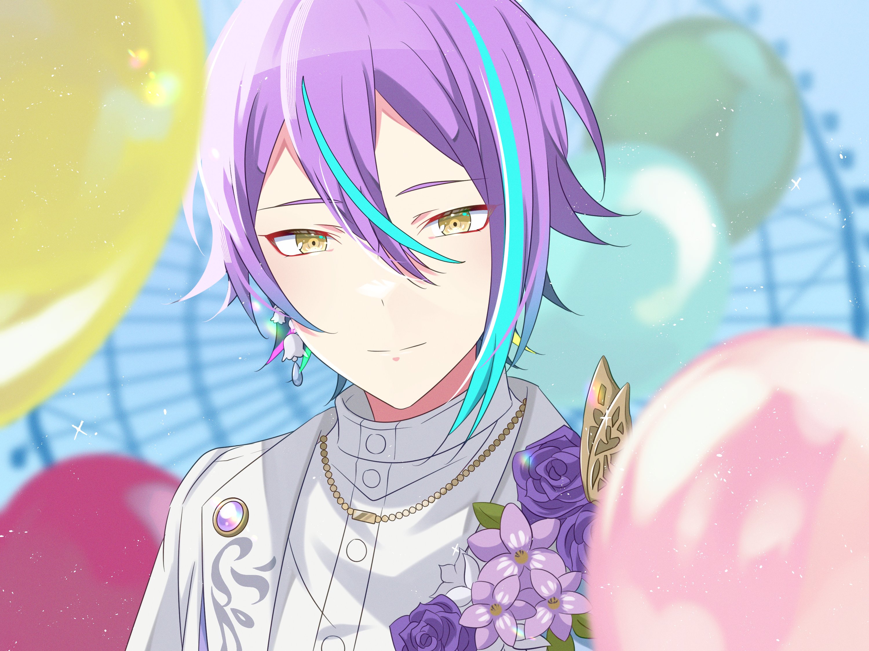 tokooo000, kamishiro rui, project sekai, commentary, highres, 1boy, asymmetrical sidelocks, balloon, blue hair, blurry, blurry background, buttons, closed mouth, dear my fellows (project sekai), double-parted bangs, earrings, ferris wheel, flower, hair between eyes, jewelry, looking at viewer, male focus, multicolored hair, necklace, official alternate costume, purple flower, purple hair, short hair, sidelocks, solo, split mouth, streaked hair, two-tone hair, upper body, yellow eyes