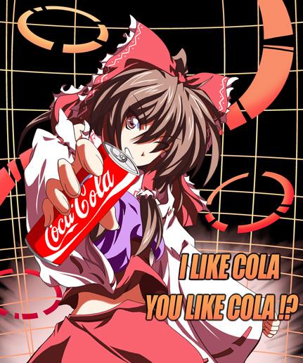 dokugiri, hakurei reimu, coca-cola, phantasmagoria of flower view, touhou, bad id, bad pixiv id, 1girl, bow, brown hair, detached sleeves, english text, female focus, hair bow, japanese clothes, miko, product placement, skirt, solo, wink