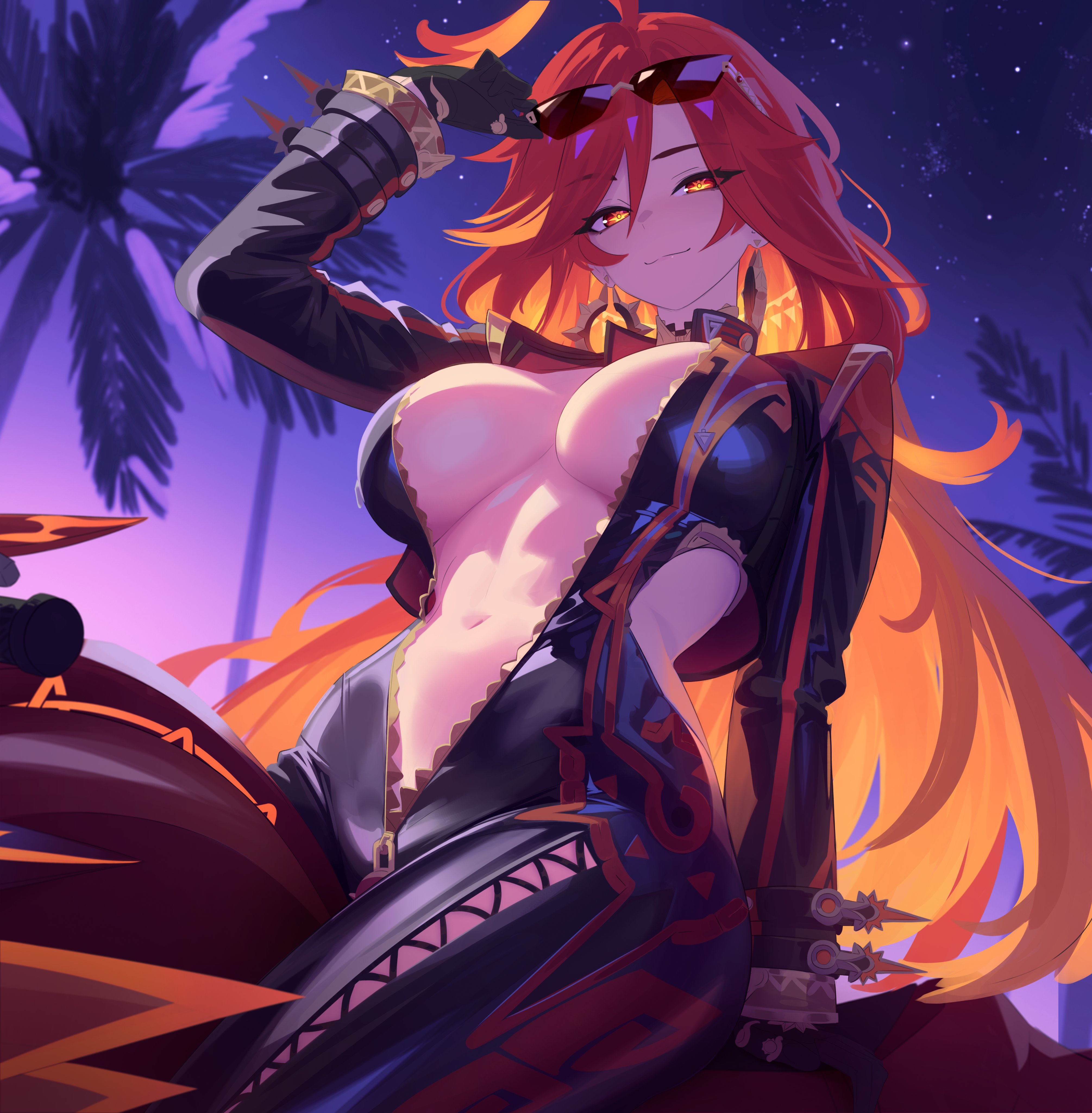 anonds31, mavuika (genshin impact), genshin impact, absurdres, commentary, duplicate, highres, pixel-perfect duplicate, 1girl, a thousand blazing suns (genshin impact), biker clothes, bikesuit, black bodysuit, black gloves, black jacket, bodysuit, breasts, cleavage, cropped jacket, detached collar, earrings, eyewear on head, flamestrider (genshin impact), gloves, gold trim, jacket, jewelry, large breasts, long hair, long sleeves, looking at viewer, motor vehicle, motorcycle, navel, night, night sky, on motorcycle, orange eyes, orange hair, orange pupils, red eyes, red hair, sky, smile, solo, sun earrings, sunglasses, symbol-shaped pupils, symbol in eye, thighs