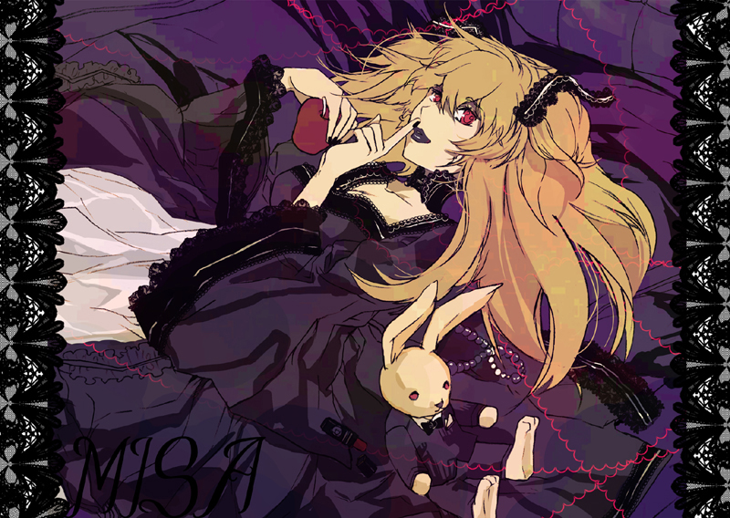 sei (pixiv), sei (resonableworld), amane misa, death note, bad id, bad pixiv id, 00s, 1girl, apple, blonde hair, dress, female focus, finger to mouth, food, fruit, goth fashion, lipstick, makeup, red eyes, solo, stuffed animal, stuffed rabbit, stuffed toy