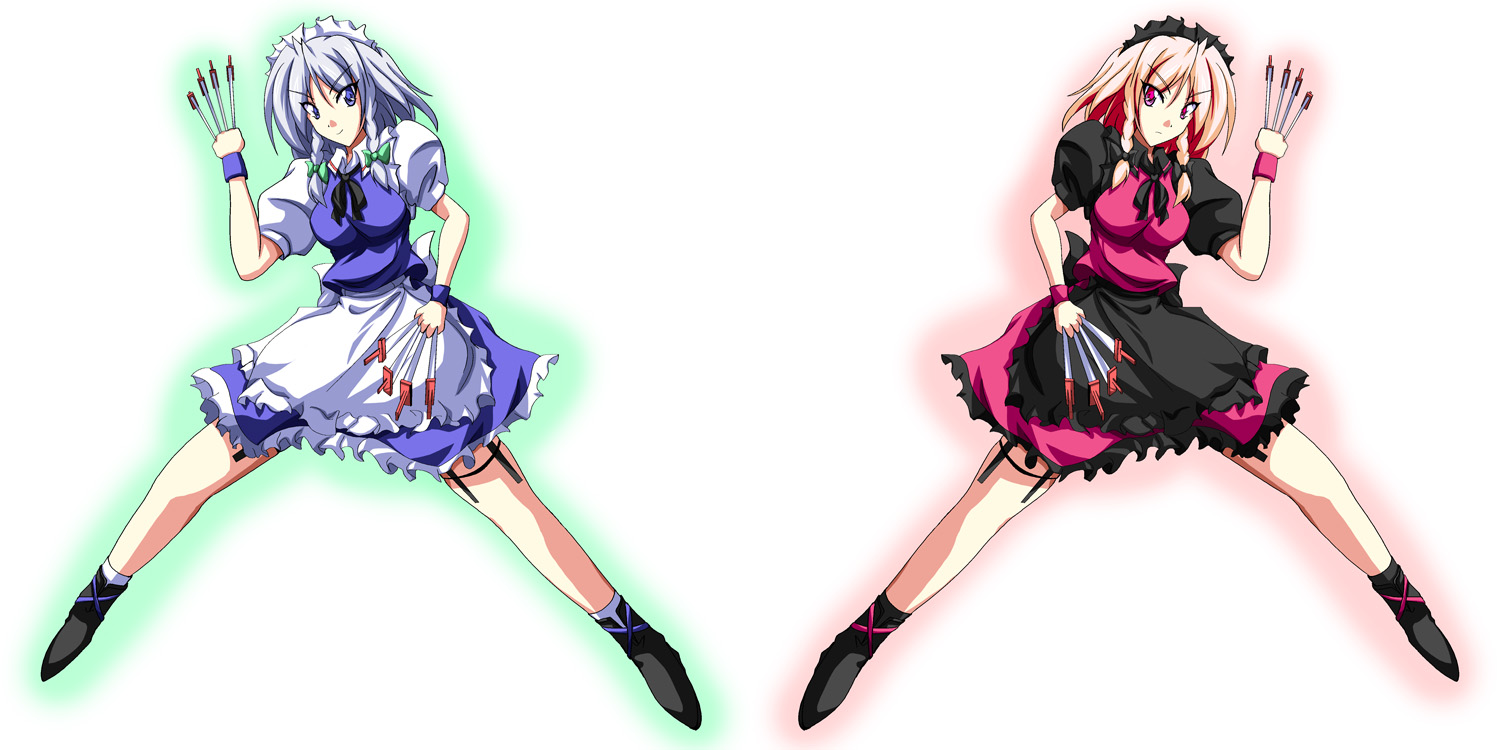 dokugiri, izayoi sakuya, touhou, bad id, bad pixiv id, 1girl, alternate color, black dress, black socks, blue dress, braid, dress, dual persona, female focus, frills, kneehighs, knife, looking at viewer, maid, maid headdress, puffy short sleeves, puffy sleeves, short sleeves, simple background, socks, solo, spread legs, standing, twin braids, waitress, white background
