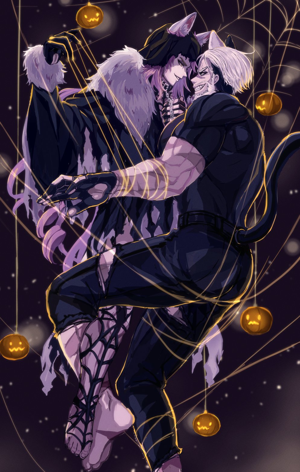 syugyout, apollo (shuumatsu no valkyrie), leonidas (shuumatsu no valkyrie), shuumatsu no valkyrie, commentary request, highres, 2boys, animal collar, animal ears, black background, black gloves, black shirt, cat ears, cat tail, chain, chain leash, collar, ears through headwear, fingerless gloves, full body, fur-trimmed robe, fur trim, gloves, grin, halloween costume, hood, hood up, jack-o'-lantern, kemonomimi mode, leash, looking at another, male focus, multiple boys, pink hair, realistic teeth, robe, scar, scar on arm, scar on face, shirt, short hair, silk, smile, spider web, tail, white hair, yaoi