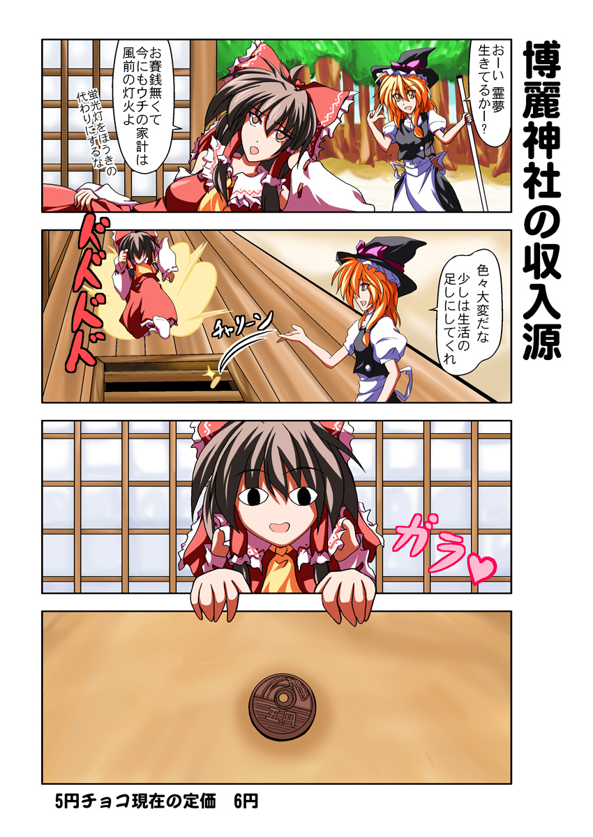 dokugiri, hakurei reimu, kirisame marisa, touhou, bad id, bad pixiv id, highres, translation request, 4koma, box, comic, donation box, female focus, poverty, shrine, yen