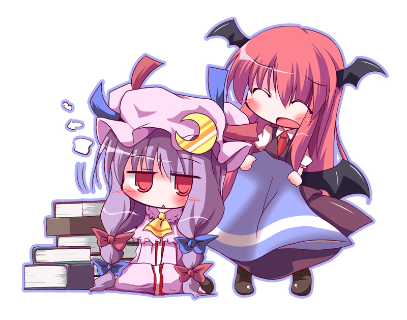 kuraryu, koakuma, patchouli knowledge, embodiment of scarlet devil, touhou, bad id, bad pixiv id, 2girls, ^ ^, bat wings, book, chibi, closed eyes, crescent, crescent hat ornament, female focus, hat, hat ornament, head wings, long hair, multiple girls, purple hair, red hair, ribbon, simple background, sitting, standing, white background, wings