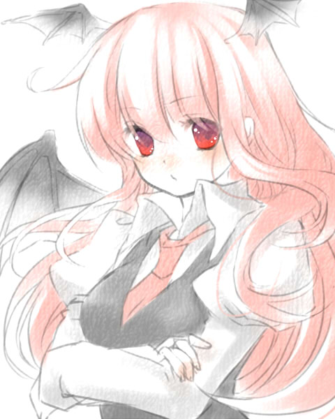 masaru.jp, koakuma, embodiment of scarlet devil, touhou, bad id, bad pixiv id, 1girl, crossed arms, female focus, head wings, red eyes, solo, upper body, white background, wings