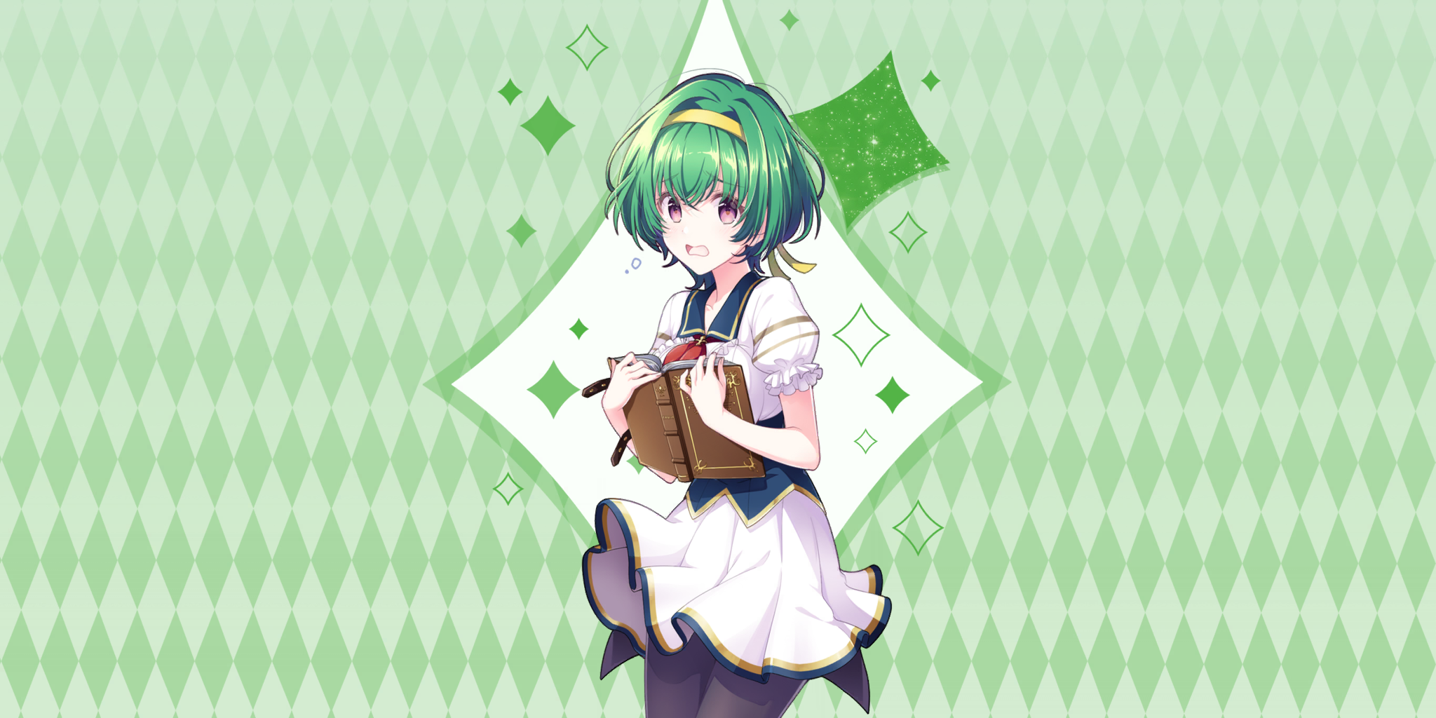 lynette (lapis re:lights), lapis re:lights, game cg, highres, official art, third-party source, 1girl, argyle background, black thighhighs, blue corset, blue sailor collar, book, breasts, corset, cowboy shot, dress, green background, green hair, hair intakes, hairband, holding, holding book, large breasts, looking at viewer, open book, open mouth, puffy short sleeves, puffy sleeves, purple eyes, sailor collar, school uniform, short hair, short sleeves, solo, sparkle background, thighhighs, white dress, yellow hairband