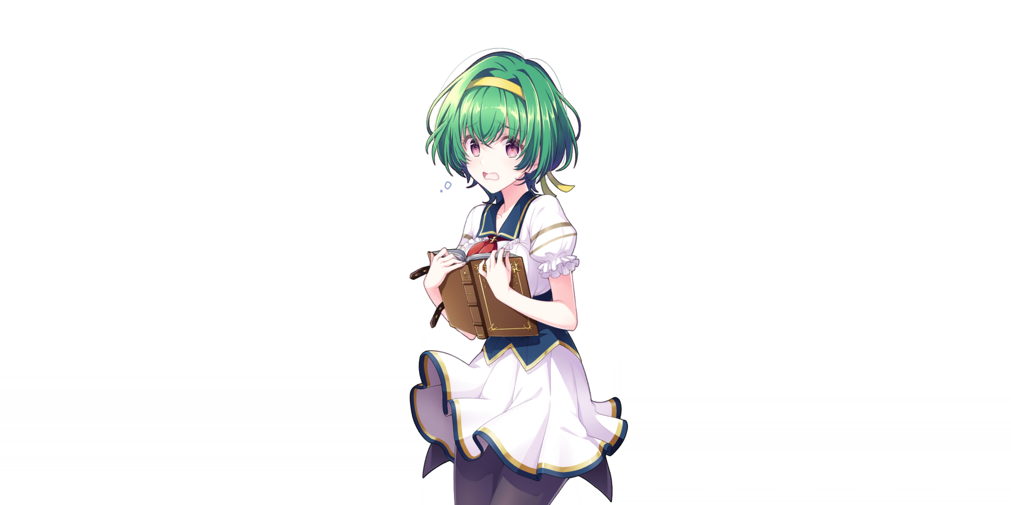 lynette (lapis re:lights), lapis re:lights, game cg, highres, official art, third-party source, 1girl, black thighhighs, blue corset, blue sailor collar, book, breasts, corset, cowboy shot, dress, green hair, hair intakes, hairband, holding, holding book, large breasts, looking at viewer, open book, open mouth, puffy short sleeves, puffy sleeves, purple eyes, sailor collar, school uniform, short hair, short sleeves, simple background, solo, thighhighs, transparent background, white dress, yellow hairband