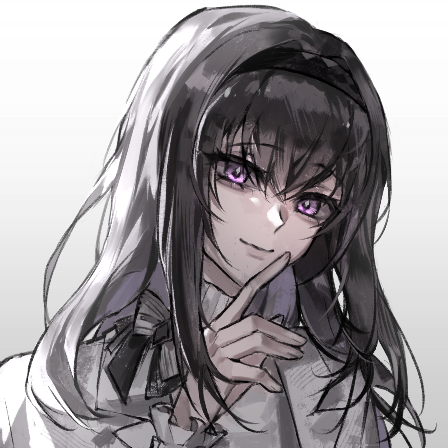 guoziqiqi, priestess (arknights), arknights, chinese commentary, commentary request, highres, 1girl, arm up, black hair, black hairband, closed mouth, coat, diamond-shaped pupils, diamond (shape), eyebrows hidden by hair, frilled sleeves, frills, hair intakes, hairband, head tilt, headband, light smile, long hair, long sleeves, looking at viewer, portrait, purple hair, raised eyebrows, solo, sweater, symbol-shaped pupils, turtleneck, turtleneck sweater, white background, white coat