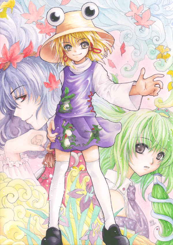 sagami, kochiya sanae, moriya suwako, yasaka kanako, touhou, traditional media, 3girls, blonde hair, blue hair, detached sleeves, female focus, frog, green hair, hat, leaf, long hair, multiple girls, plant, short hair, skirt, thighhighs