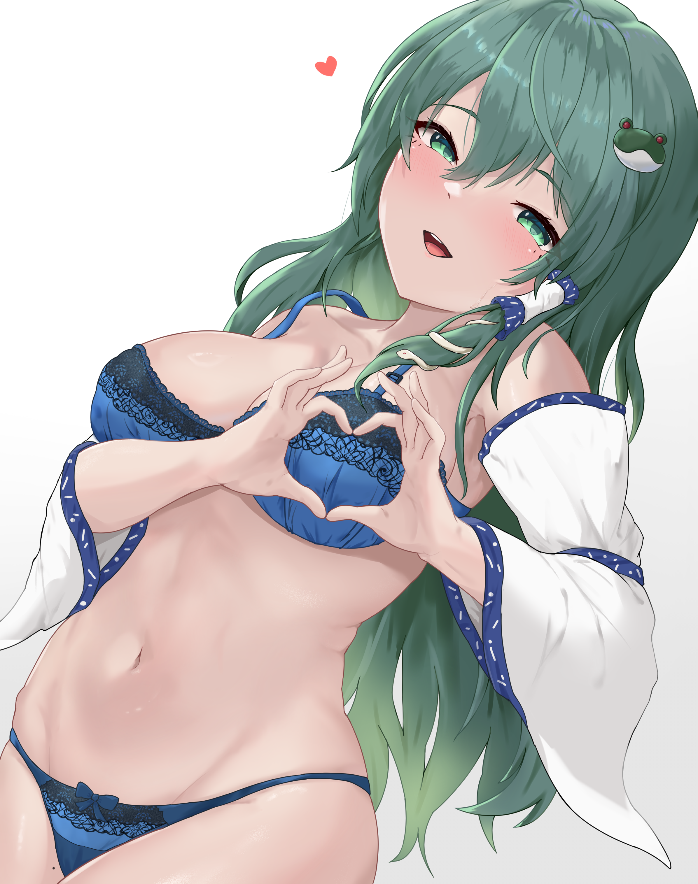 mo zhu, kochiya sanae, touhou, absurdres, commentary request, highres, 1girl, :d, armpit peek, blue bra, blue panties, blush, bra, collarbone, cowboy shot, detached sleeves, dutch angle, eyelashes, frog hair ornament, green eyes, green hair, groin, hair between eyes, hair ornament, hair tubes, half-closed eyes, hands up, heart, heart-shaped boob challenge, heart hands, long hair, long sleeves, looking at viewer, navel, open mouth, panties, simple background, single hair tube, smile, solo, stomach, teeth, tongue, underwear, upper teeth only, white background, white sleeves, wide sleeves