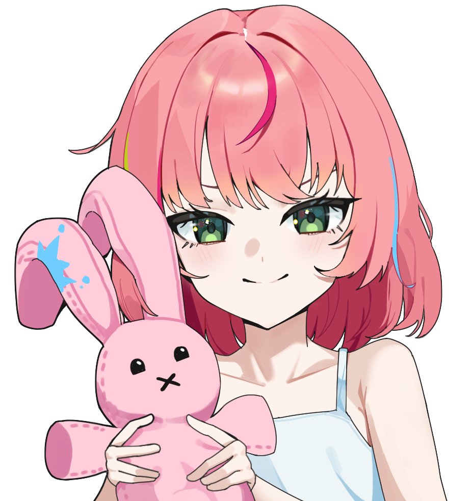hanako nana, peto (hanako nana), stellive, commentary request, korean commentary, 1girl, closed mouth, collarbone, green eyes, holding, holding stuffed toy, jumpboy, looking at viewer, medium hair, multicolored hair, pink hair, shirt, simple background, sleeveless, sleeveless shirt, smile, solo, spaghetti strap, streaked hair, stuffed animal, stuffed rabbit, stuffed toy, upper body, virtual youtuber, white background, white shirt