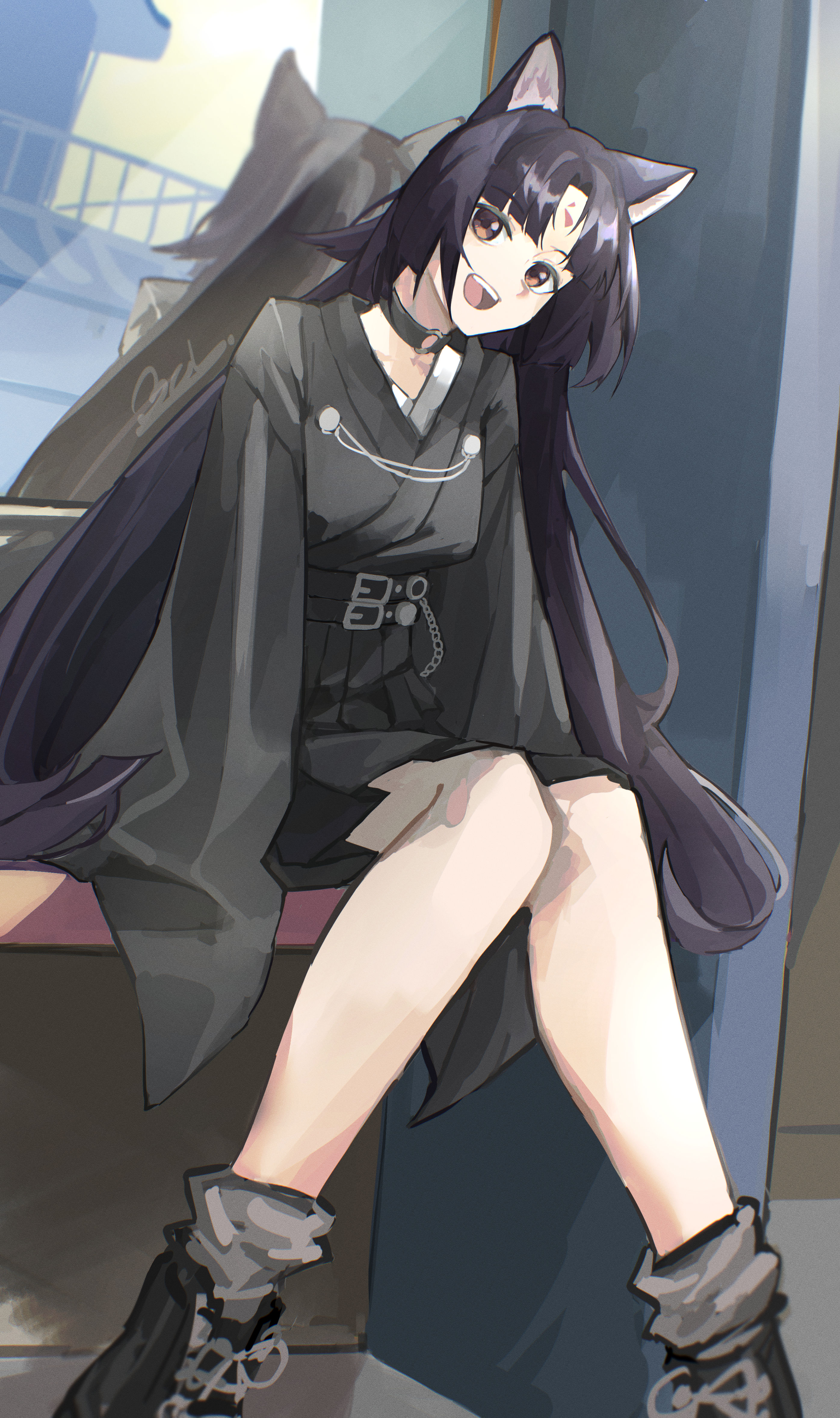 yagi000, saga (arknights), arknights, absurdres, commentary, highres, 1girl, :d, alternate costume, belt, belt buckle, black belt, black choker, black kimono, black skirt, brown eyes, buckle, casual, chain, choker, facial mark, feet out of frame, forehead mark, grey socks, hair intakes, japanese clothes, kimono, knees together feet apart, long hair, looking at viewer, multiple belts, o-ring, o-ring choker, open mouth, parted bangs, pleated skirt, purple hair, reflection, short kimono, sitting, skirt, sleeves past fingers, sleeves past wrists, smile, socks, solo, teeth, upper teeth only