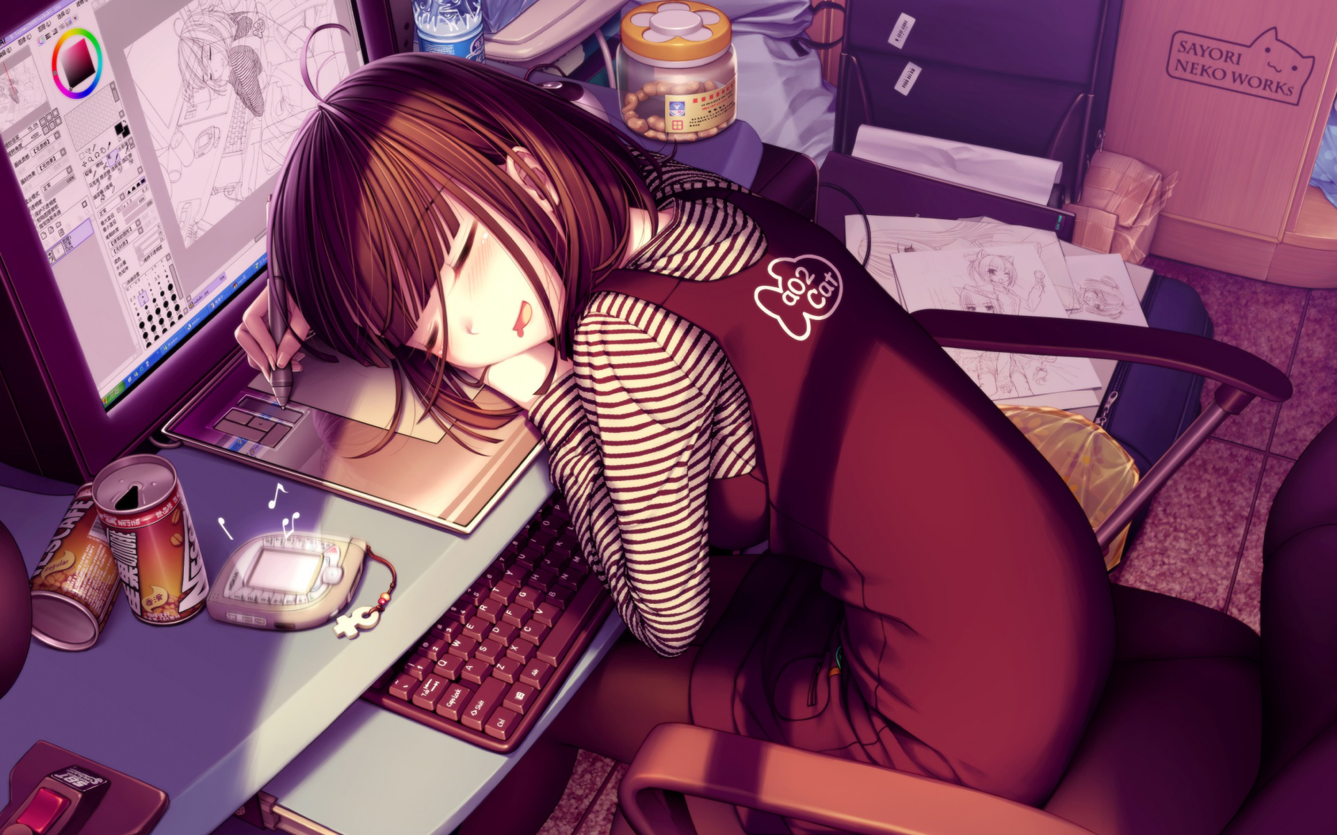 sayori (neko works), sayori (sayori (neko works)), striped, highres, 1girl, ahoge, artist self-insert, black hair, blunt bangs, blush, bottle, can, chair, closed eyes, computer, computer keyboard, desk, female focus, keyboard, long hair, open mouth, pantyhose, self-portrait, sitting, sketch, sleeping, solo, water bottle