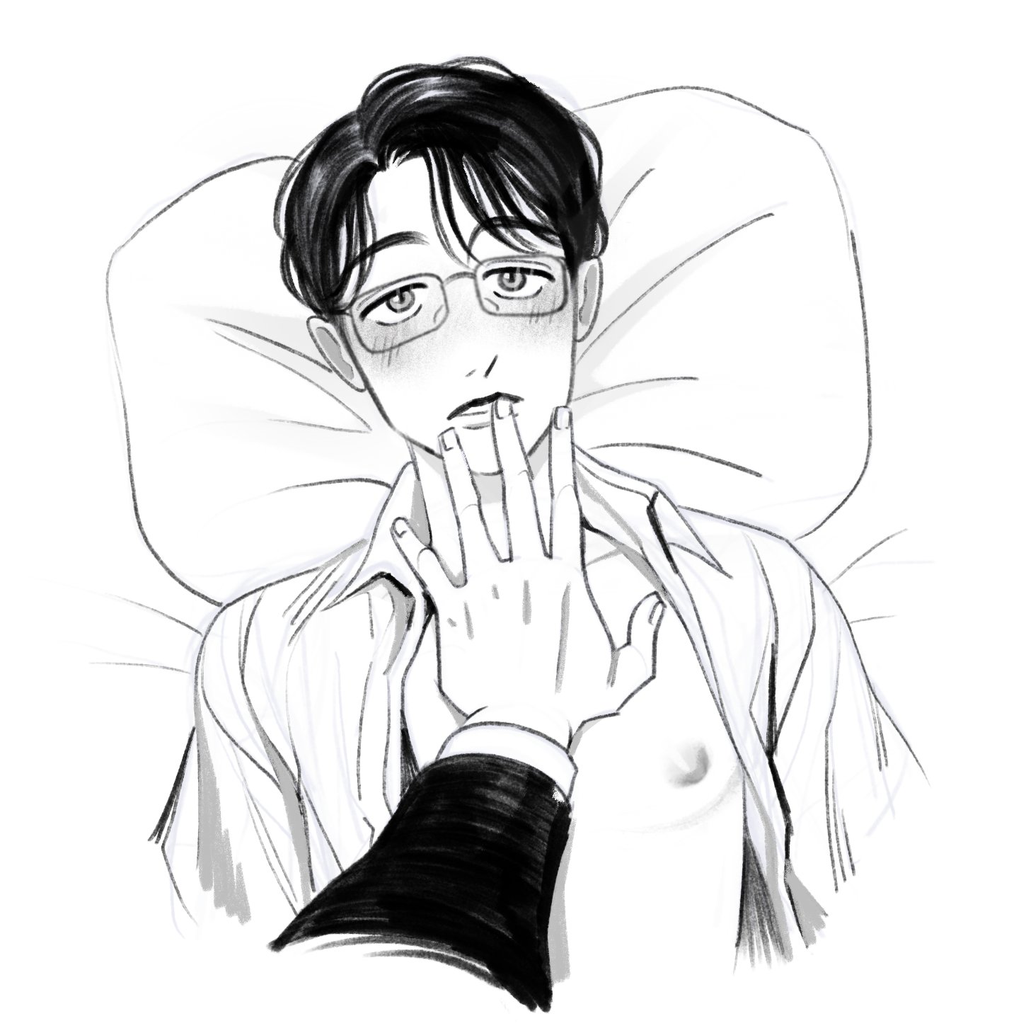 highres, 2boys, black hair, blush, collared shirt, glasses, greyscale, karaoke iko!, kyoujiiko, lips, long sleeves, male focus, monochrome, multiple boys, narita kyouji, nipples, oka satomi, pillow, pov, pov hands, shirt, sketch, tareme, yaoi